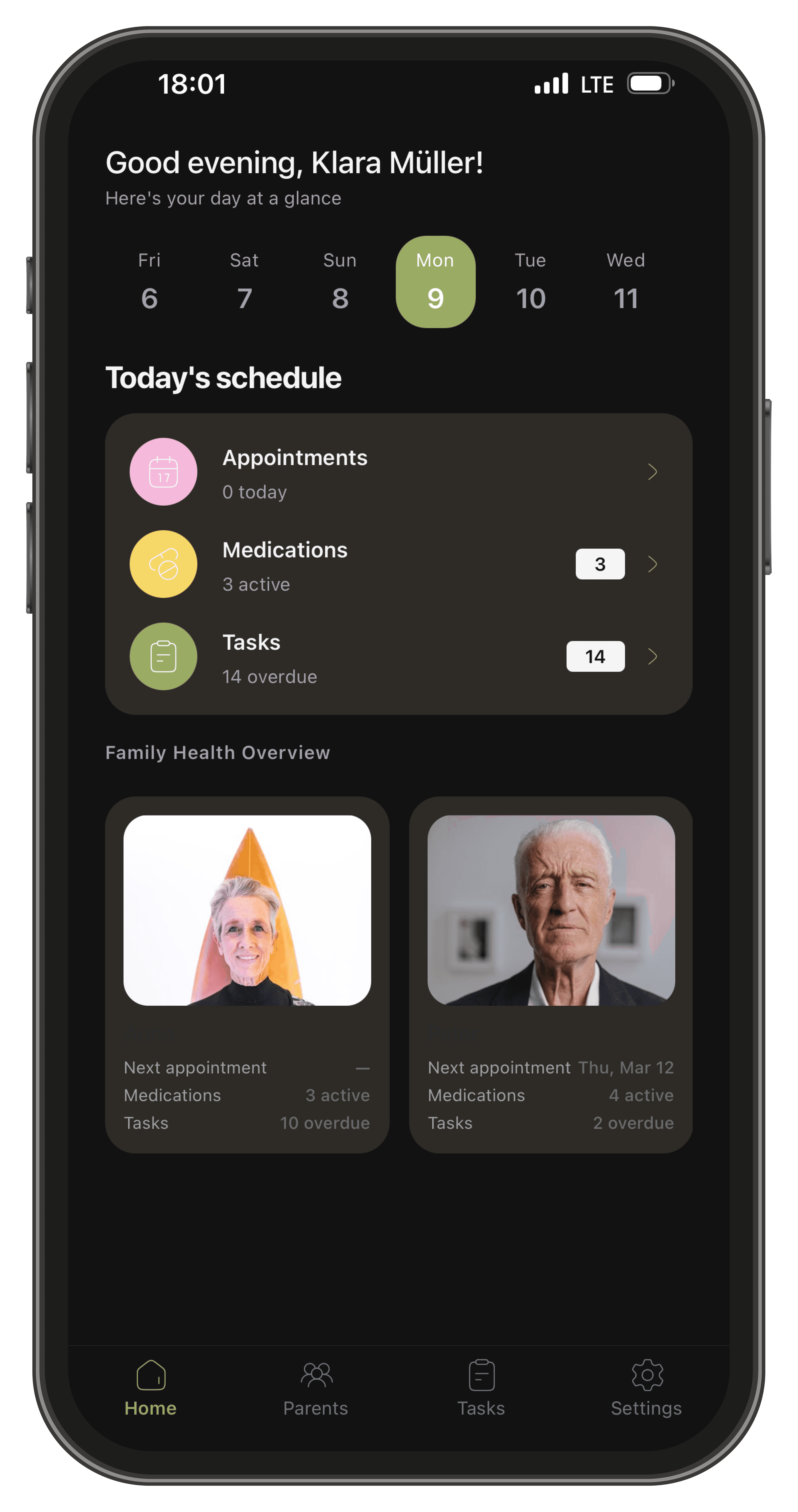 KinLog app showing the caregiver dashboard with medications, tasks, and appointments