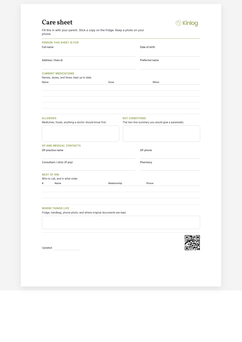 Preview of the one-page Kinlog care sheet with blank fields for medications, allergies, GP, and next of kin